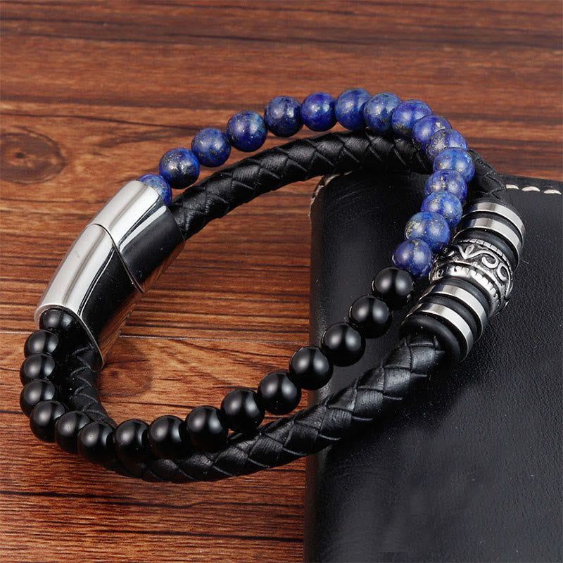 Nimara Ritual Black Onyx Lazurite Lapis Lazuli Titanium Steel Fortune Calm Leather Bracelet