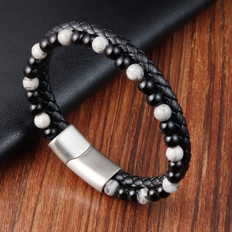 Nimara Ritual Black Onyx Grey Jasper Titanium Steel Stability Leather Bracelet