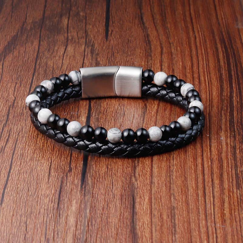 Nimara Ritual Black Onyx Grey Jasper Titanium Steel Stability Leather Bracelet