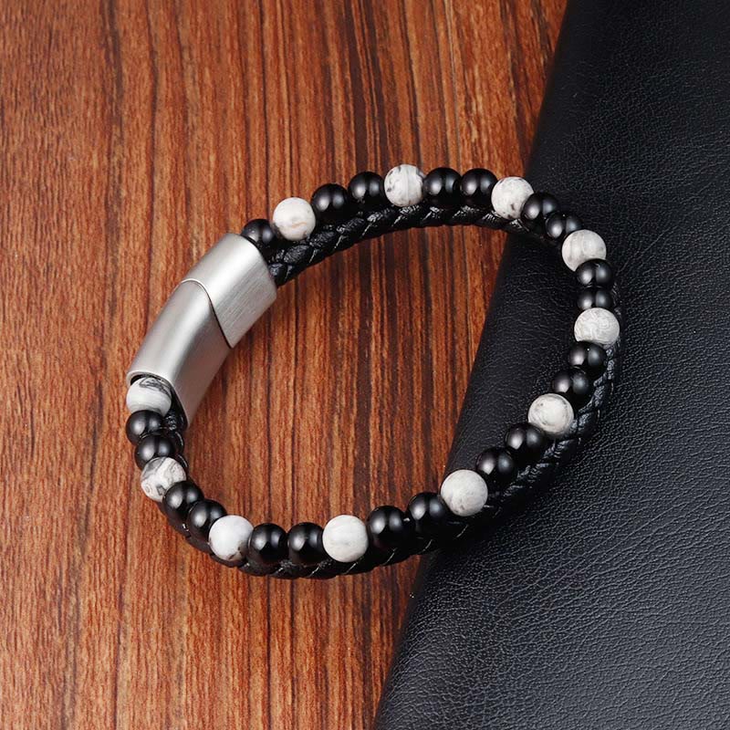Nimara Ritual Black Onyx Grey Jasper Titanium Steel Stability Leather Bracelet