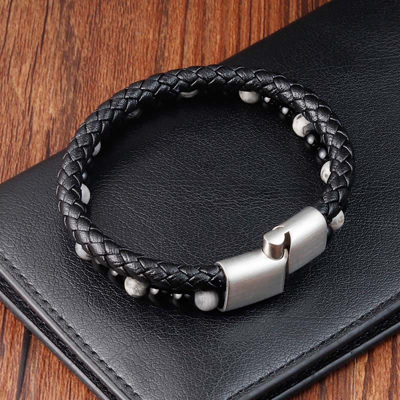 Nimara Ritual Black Onyx Grey Jasper Titanium Steel Stability Leather Bracelet