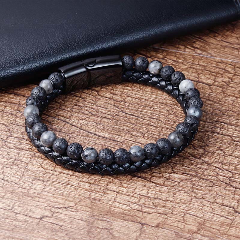 Nimara Ritual Lava Rock Titanium Steel Calm Leather Bracelet