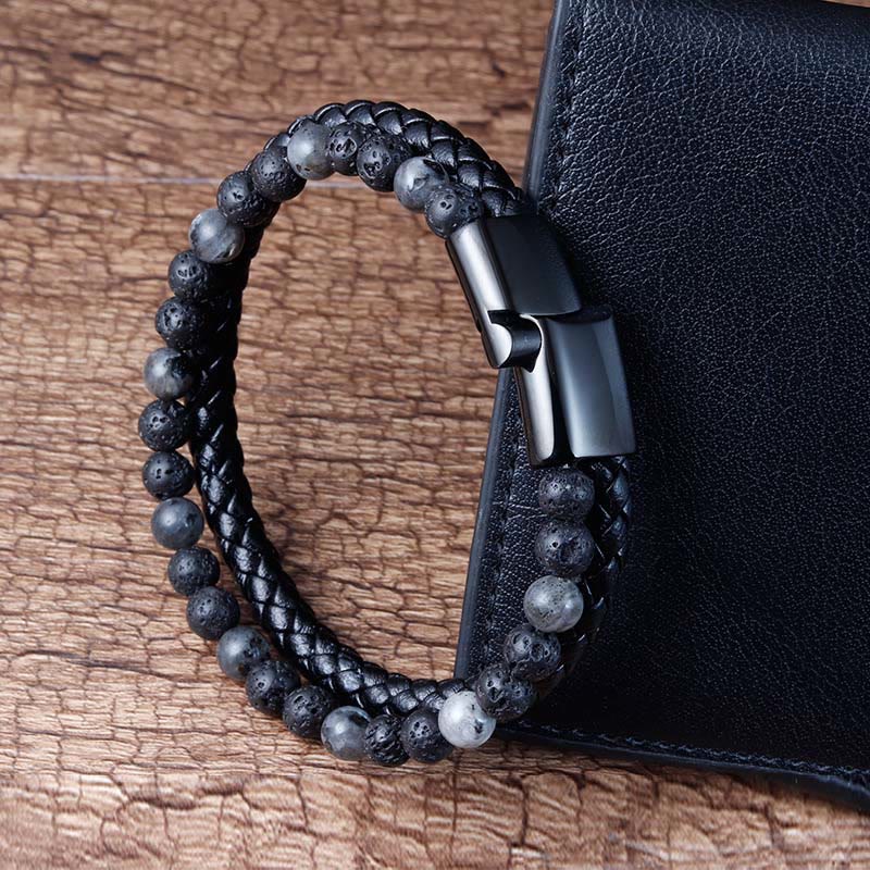 Nimara Ritual Lava Rock Titanium Steel Calm Leather Bracelet