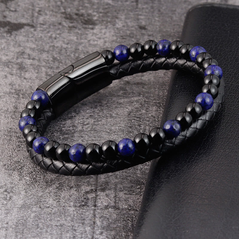 Nimara Ritual Black Onyx Lazurite Lapis Lazuli Titanium Steel Positive Self Care Leather Bracelet