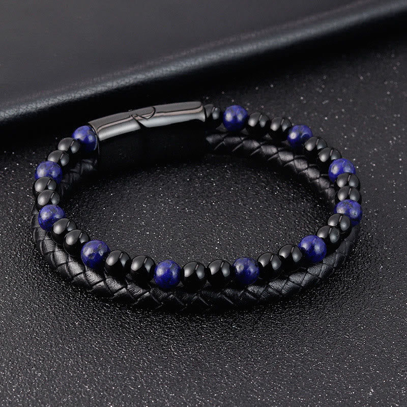 Nimara Ritual Black Onyx Lazurite Lapis Lazuli Titanium Steel Positive Self Care Leather Bracelet
