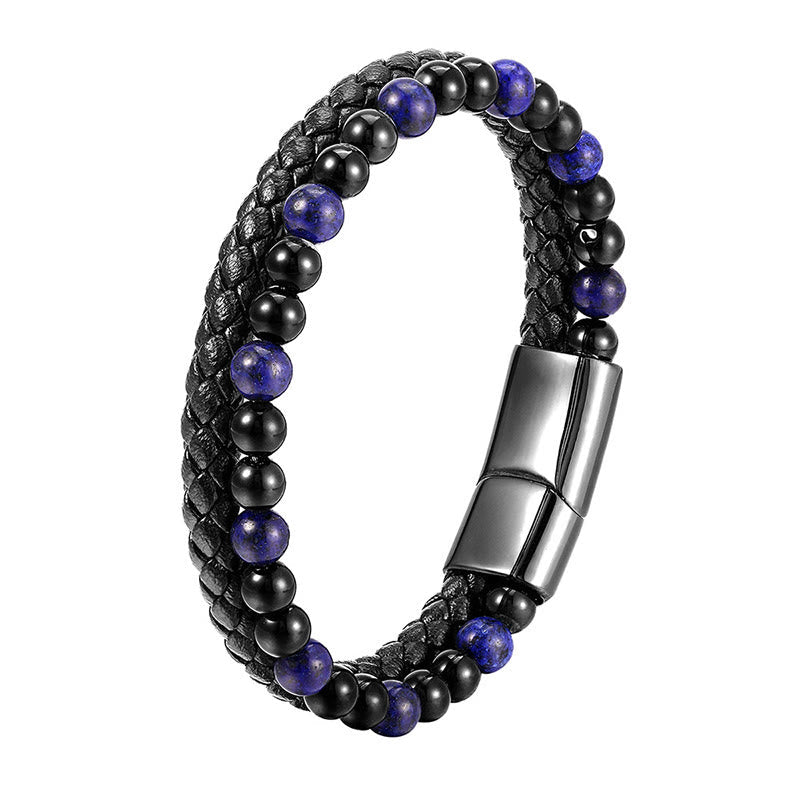 Nimara Ritual Black Onyx Lazurite Lapis Lazuli Titanium Steel Positive Self Care Leather Bracelet