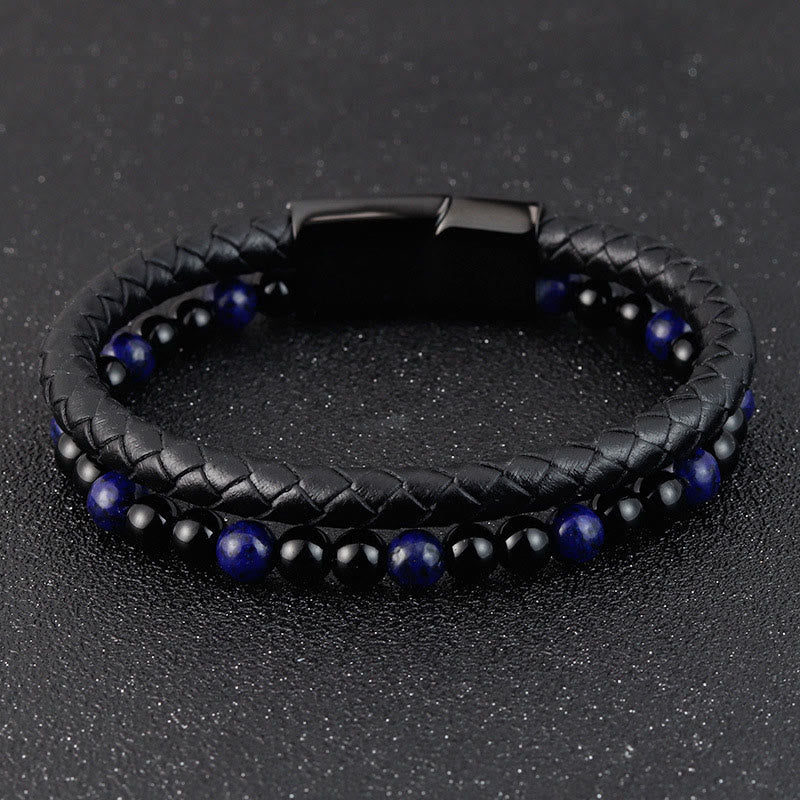 Nimara Ritual Black Onyx Lazurite Lapis Lazuli Titanium Steel Positive Self Care Leather Bracelet