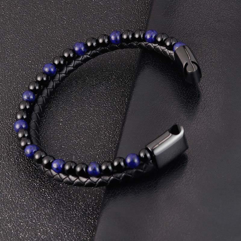 Nimara Ritual Black Onyx Lazurite Lapis Lazuli Titanium Steel Positive Self Care Leather Bracelet