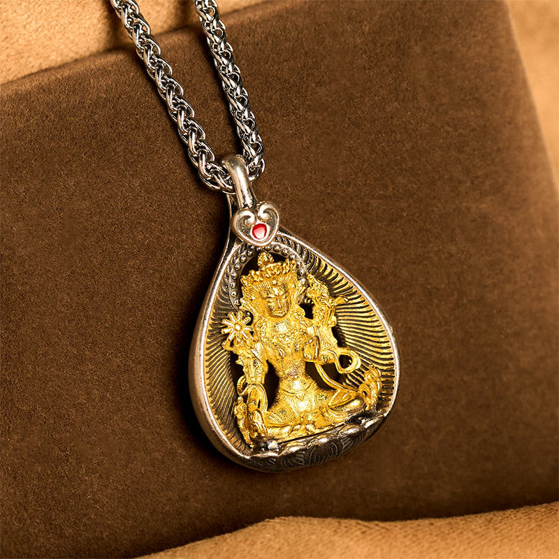 Nimara Ritual Green Tara Shakyamuni Buddha Copper Plated Silver Curb Chain Luck Pendant Necklace