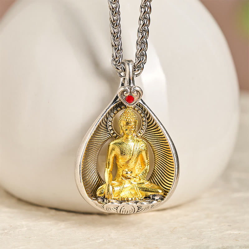 Nimara Ritual Green Tara Shakyamuni Buddha Copper Plated Silver Curb Chain Luck Pendant Necklace