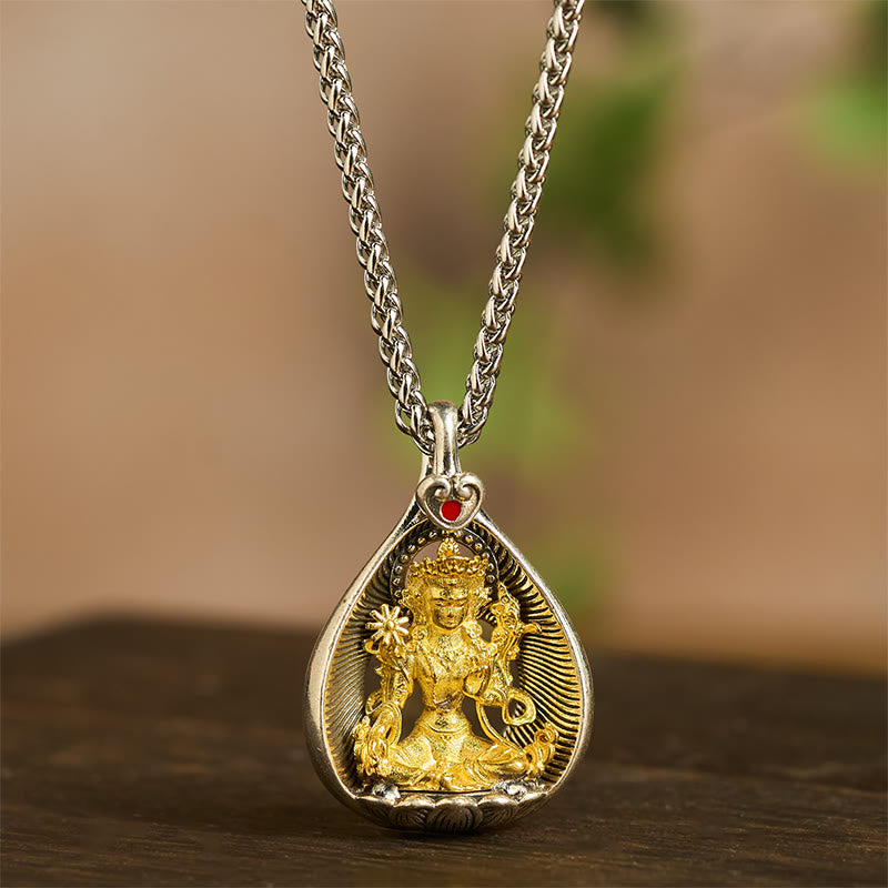 Nimara Ritual Green Tara Shakyamuni Buddha Copper Plated Silver Curb Chain Luck Pendant Necklace