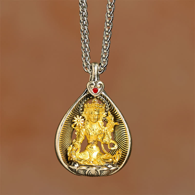 Nimara Ritual Green Tara Shakyamuni Buddha Copper Plated Silver Curb Chain Luck Pendant Necklace
