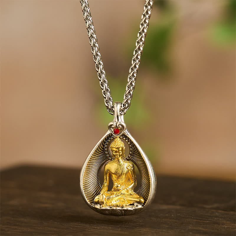 Nimara Ritual Green Tara Shakyamuni Buddha Copper Plated Silver Curb Chain Luck Pendant Necklace