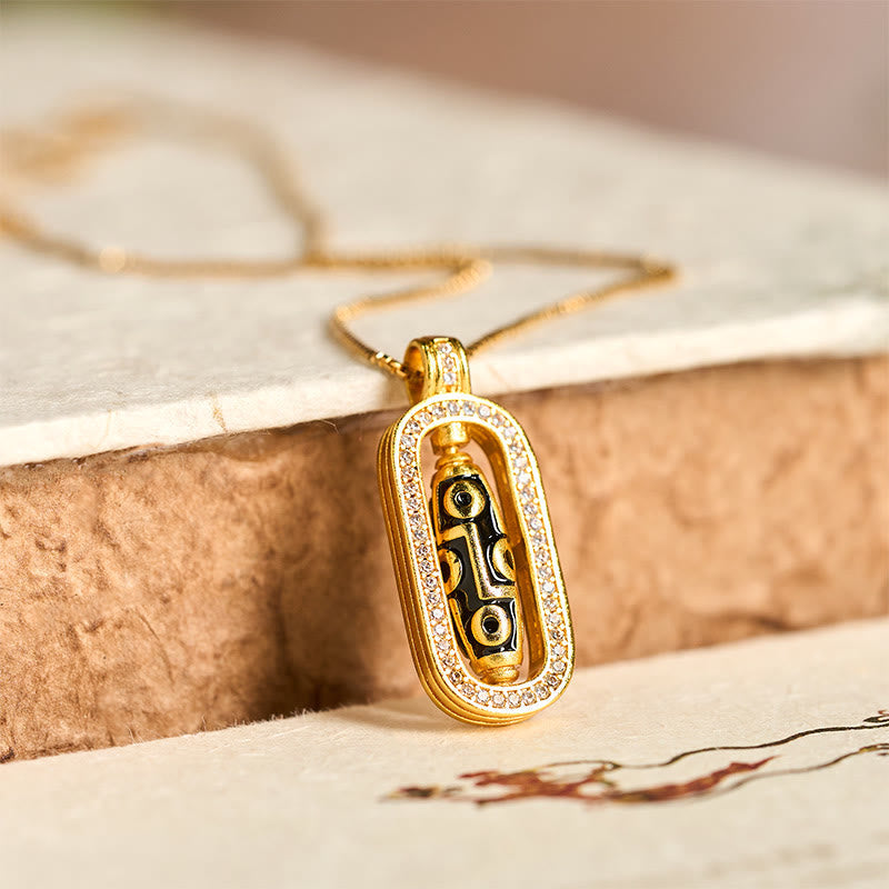 Nimara Ritual 24k Gold Plated Brass Nine-eye Dzi Bead Auspicious Pattern Wealth Pendant Necklace