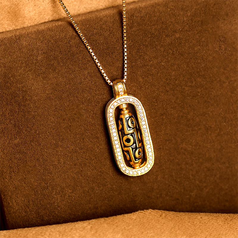 Nimara Ritual 24k Gold Plated Brass Nine-eye Dzi Bead Auspicious Pattern Wealth Pendant Necklace