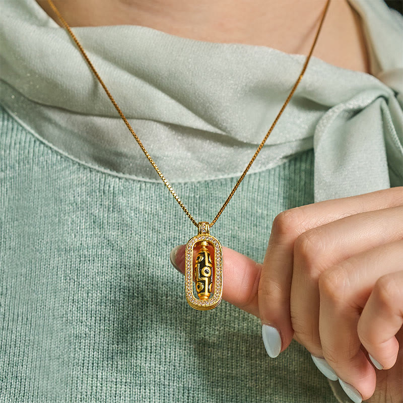 Nimara Ritual 24k Gold Plated Brass Nine-eye Dzi Bead Auspicious Pattern Wealth Pendant Necklace