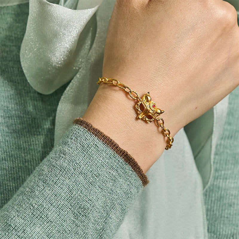Nimara Ritual 24k Gold Plated Brass Fox Design Heart Charm Chain Bracelet