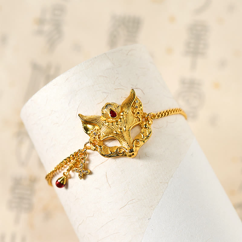 Nimara Ritual 24k Gold Plated Brass Fox Mask Charm Tassel Chain Bracelet