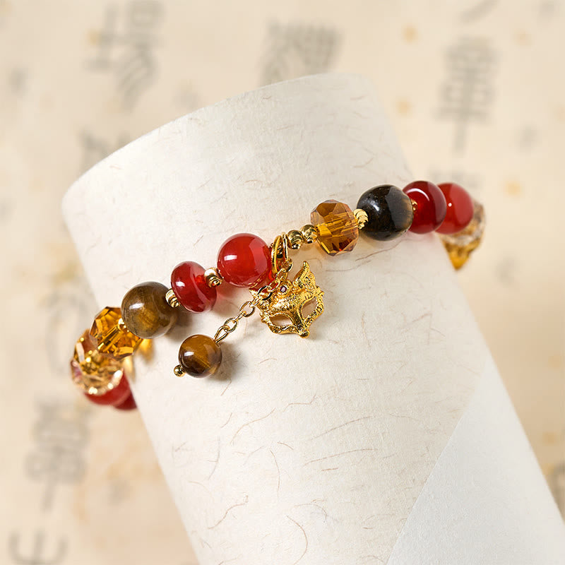 Nimara Ritual Red Agate Tiger Eye Fox Charm Calm Beaded Bracelet
