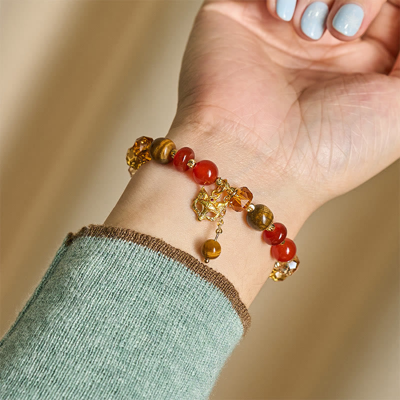 Nimara Ritual Red Agate Tiger Eye Fox Charm Calm Beaded Bracelet