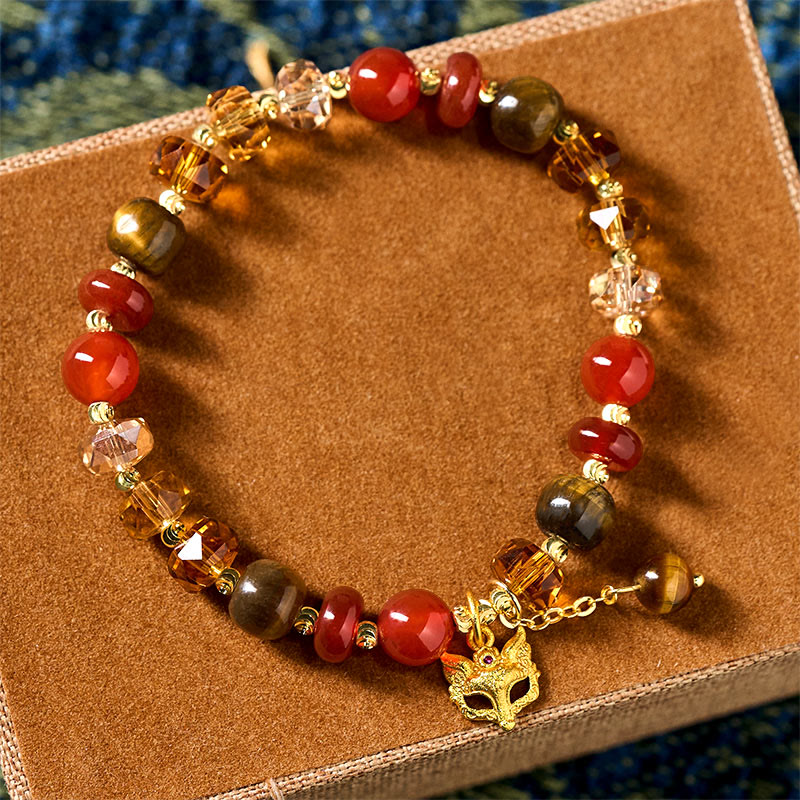 Nimara Ritual Red Agate Tiger Eye Fox Charm Calm Beaded Bracelet