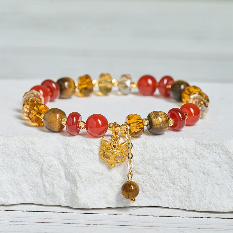 Nimara Ritual Red Agate Tiger Eye Fox Charm Calm Beaded Bracelet