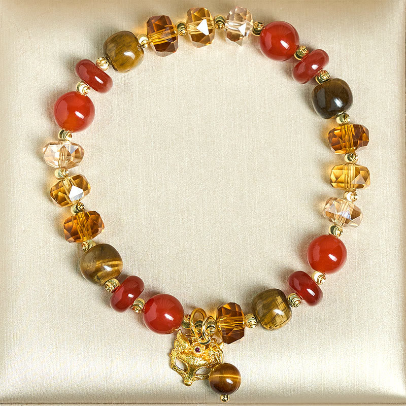 Nimara Ritual Red Agate Tiger Eye Fox Charm Calm Beaded Bracelet