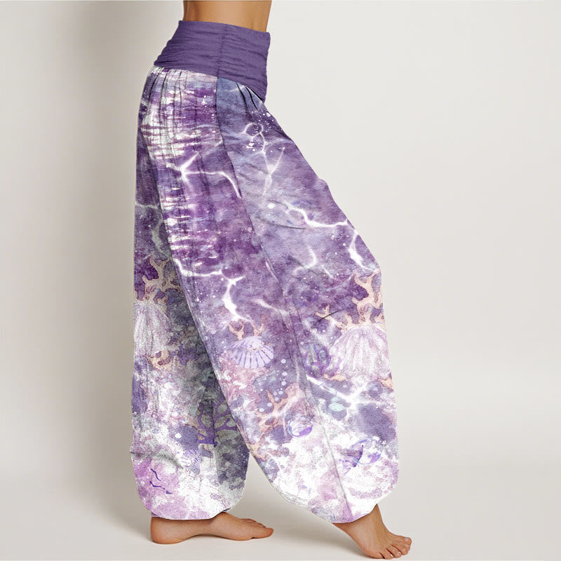 Nimara Ritual Cotton Lively Ocean Seashells Coral Pattern Women's Elastic Waist Harem Pants