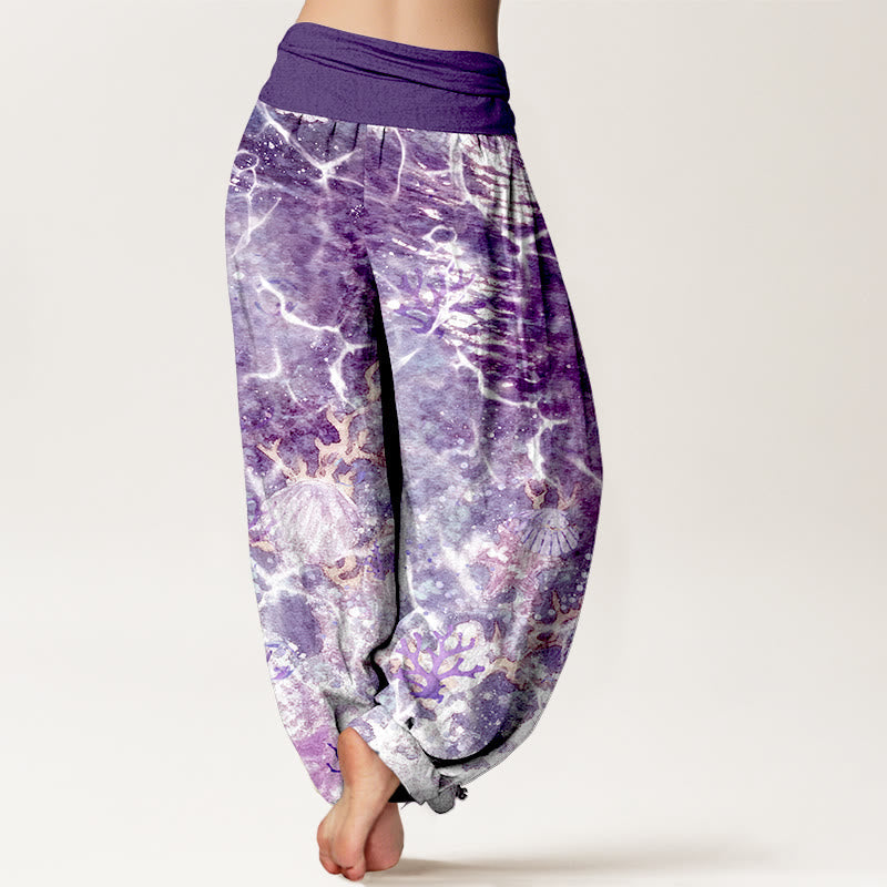Nimara Ritual Cotton Lively Ocean Seashells Coral Pattern Women's Elastic Waist Harem Pants