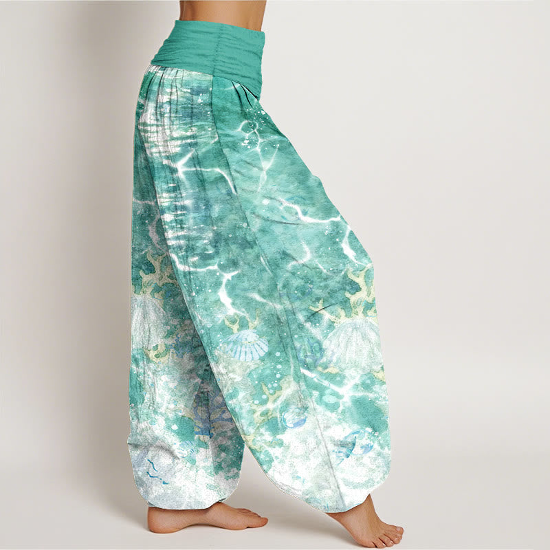 Nimara Ritual Cotton Lively Ocean Seashells Coral Pattern Women's Elastic Waist Harem Pants
