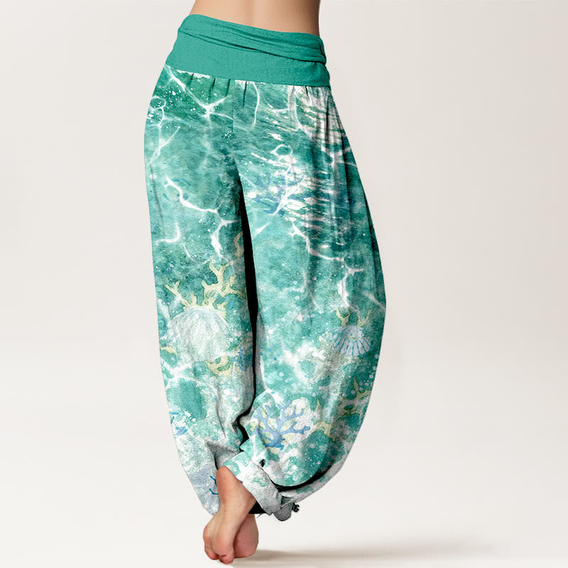Nimara Ritual Cotton Lively Ocean Seashells Coral Pattern Women's Elastic Waist Harem Pants