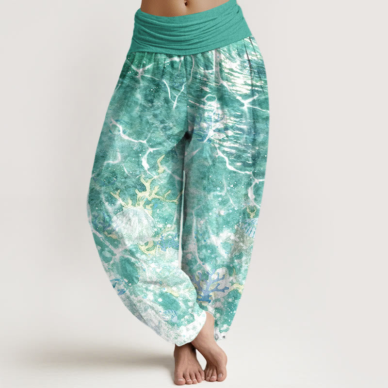 Nimara Ritual Cotton Lively Ocean Seashells Coral Pattern Women's Elastic Waist Harem Pants
