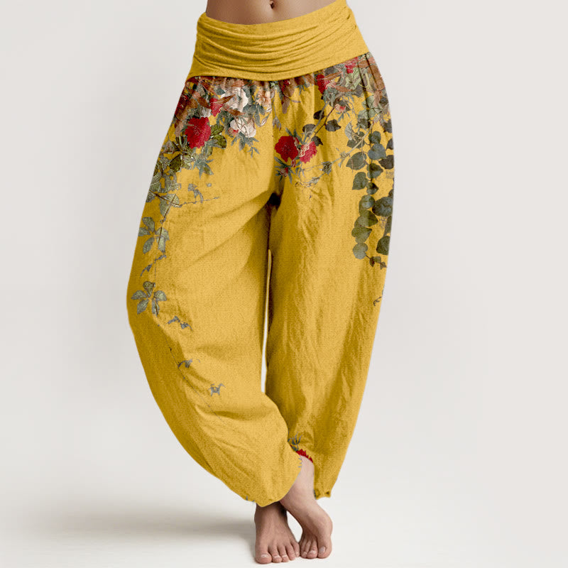 Nimara Ritual Pure Cotton Colourful Flower Leaves Patterns Women's Elastic Waist Harem Pants