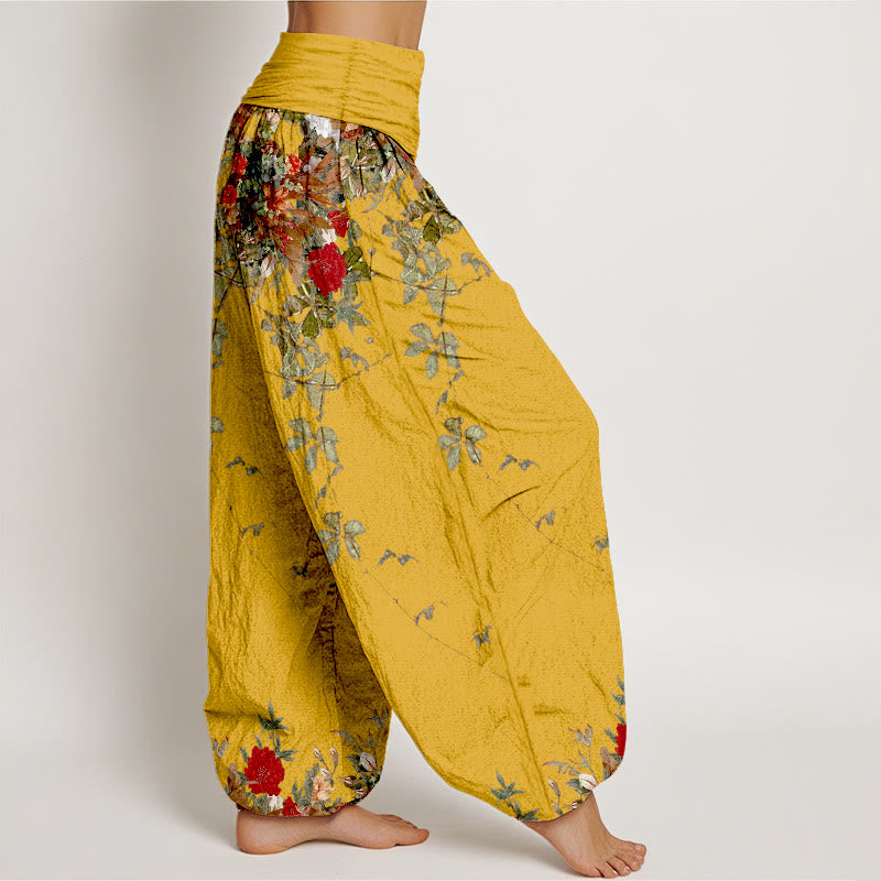 Nimara Ritual Pure Cotton Colourful Flower Leaves Patterns Women's Elastic Waist Harem Pants