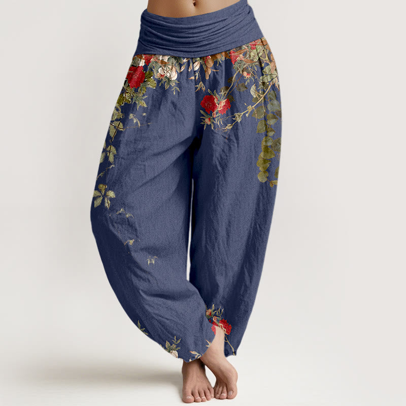 Nimara Ritual Pure Cotton Colourful Flower Leaves Patterns Women's Elastic Waist Harem Pants