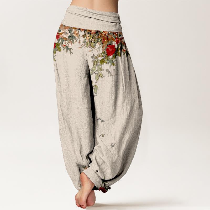 Nimara Ritual Pure Cotton Colourful Flower Leaves Patterns Women's Elastic Waist Harem Pants