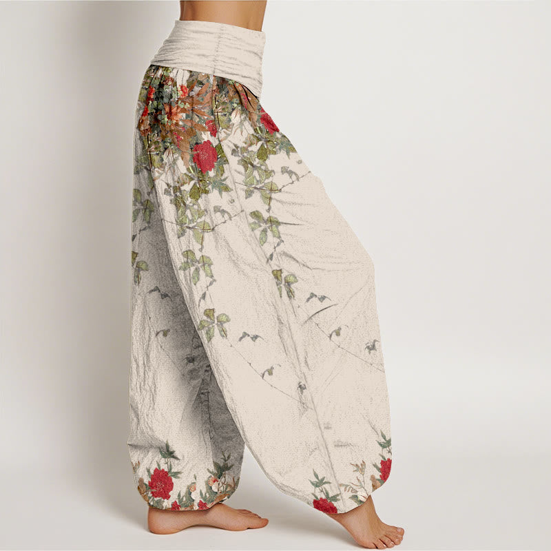 Nimara Ritual Pure Cotton Colourful Flower Leaves Patterns Women's Elastic Waist Harem Pants