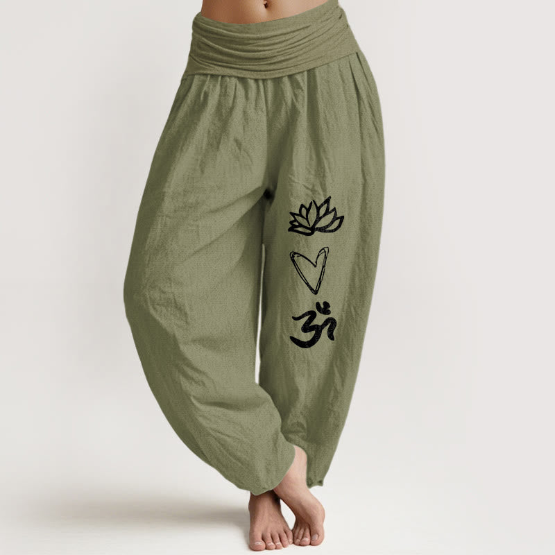 Nimara Ritual Pure Cotton Lotus Heart Shape Om Symbol Pattern Women's Elastic Waist Harem Pants