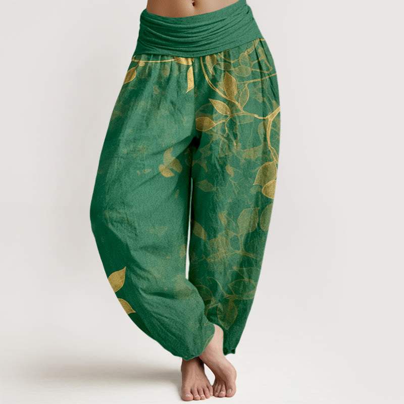 Nimara Ritual Pure Cotton Softly Colored Leaves Pattern Women's Elastic Waist Harem Pants