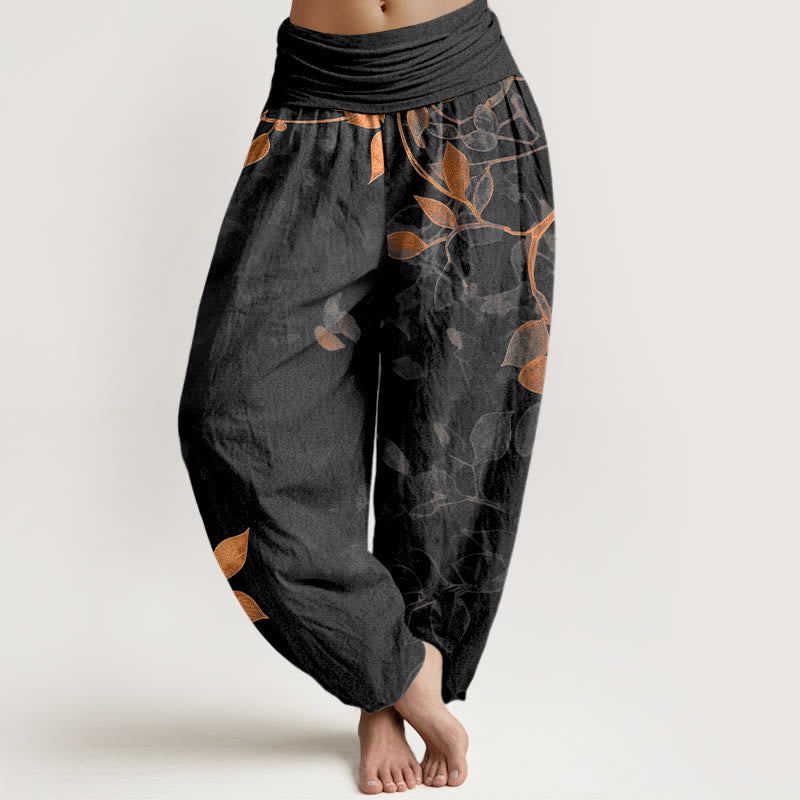 Nimara Ritual Pure Cotton Softly Colored Leaves Pattern Women's Elastic Waist Harem Pants