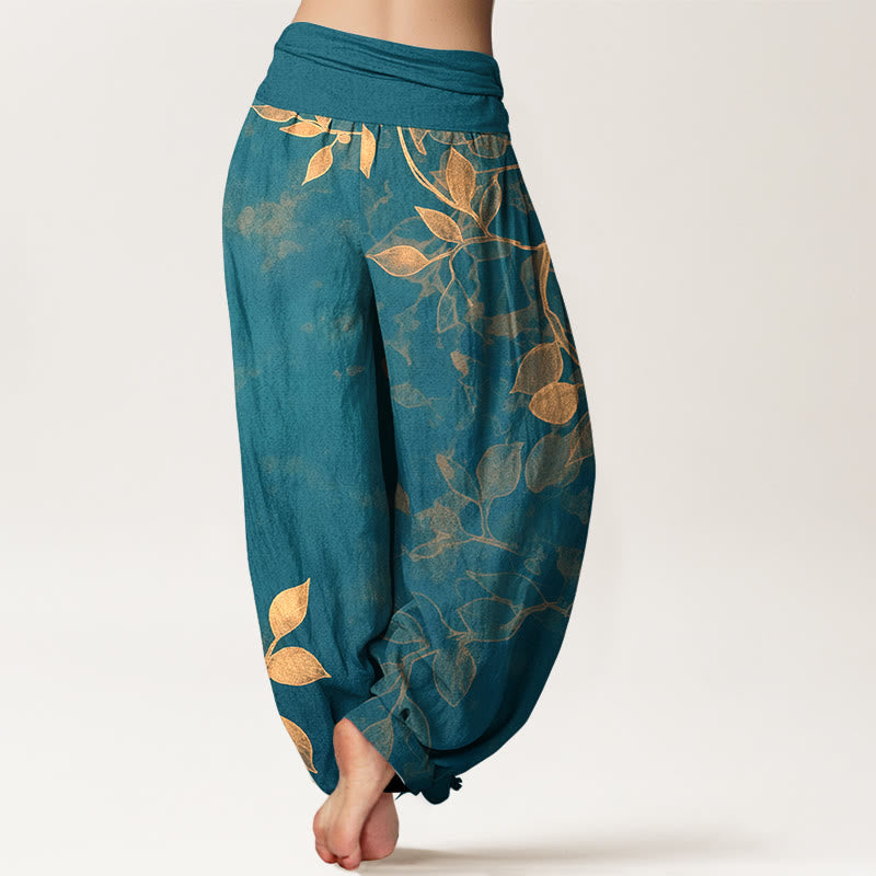 Nimara Ritual Pure Cotton Softly Colored Leaves Pattern Women's Elastic Waist Harem Pants