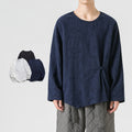 Nimara Ritual Men's Chinese Frog-Button Plain Design Cotton Long Sleeve T-Shirt Zen Clothing