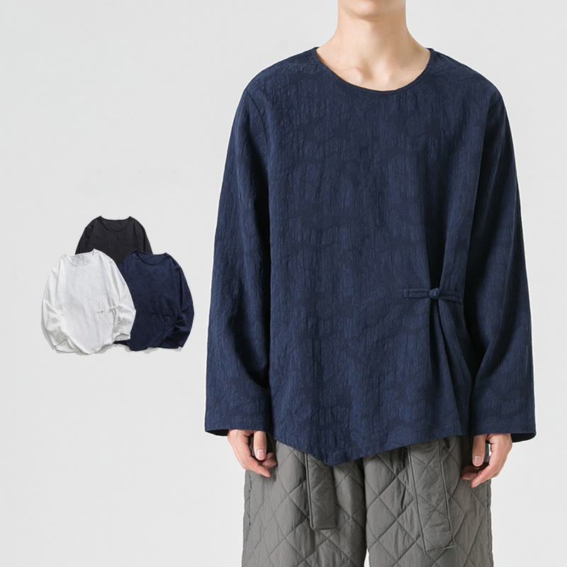 Nimara Ritual Men's Chinese Frog-Button Plain Design Cotton Long Sleeve T-Shirt Zen Clothing