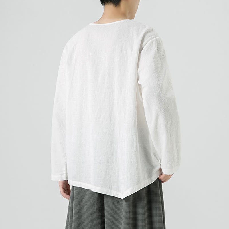 Nimara Ritual Men's Chinese Frog-Button Plain Design Cotton Long Sleeve T-Shirt Zen Clothing