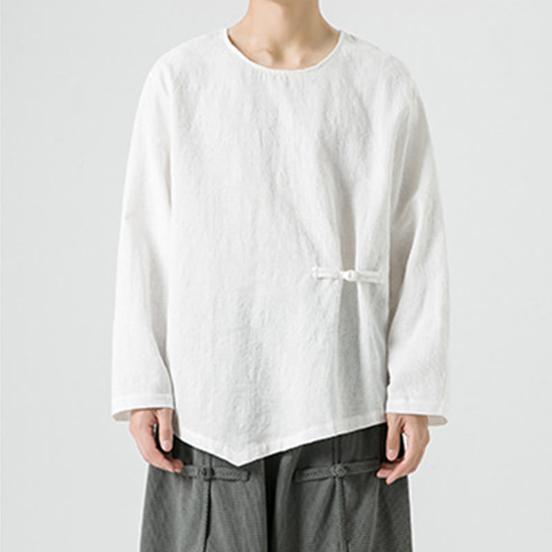 Nimara Ritual Men's Chinese Frog-Button Plain Design Cotton Long Sleeve T-Shirt Zen Clothing