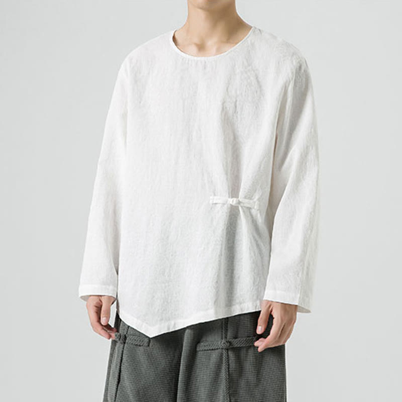 Nimara Ritual Men's Chinese Frog-Button Plain Design Cotton Long Sleeve T-Shirt Zen Clothing