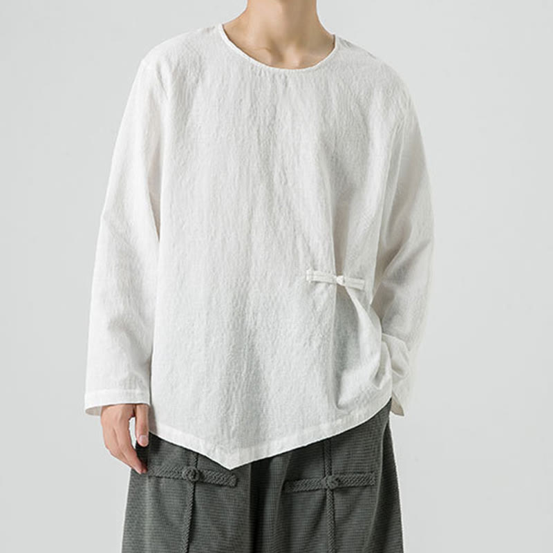 Nimara Ritual Men's Chinese Frog-Button Plain Design Cotton Long Sleeve T-Shirt Zen Clothing