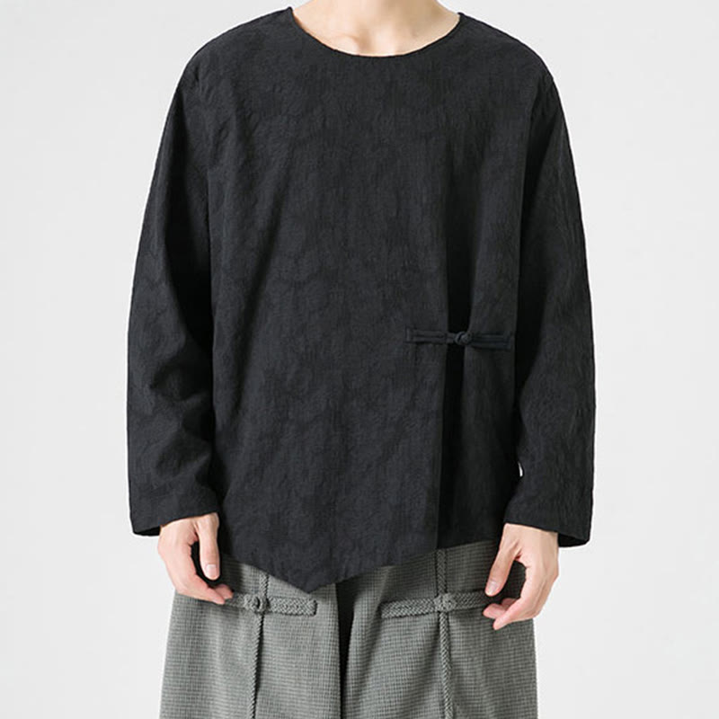 Nimara Ritual Men's Chinese Frog-Button Plain Design Cotton Long Sleeve T-Shirt Zen Clothing