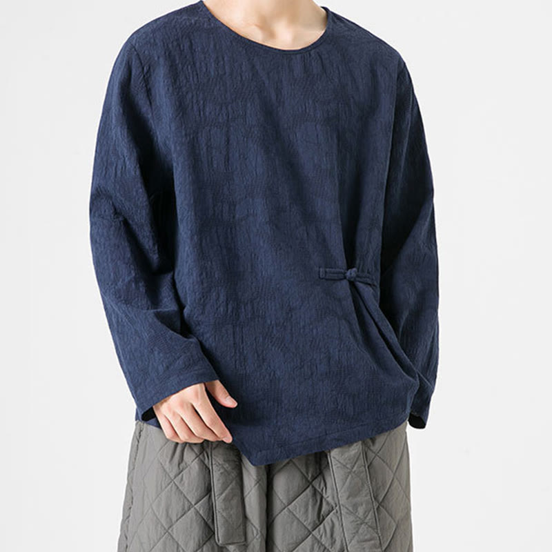 Nimara Ritual Men's Chinese Frog-Button Plain Design Cotton Long Sleeve T-Shirt Zen Clothing
