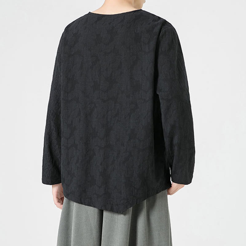 Nimara Ritual Men's Chinese Frog-Button Plain Design Cotton Long Sleeve T-Shirt Zen Clothing